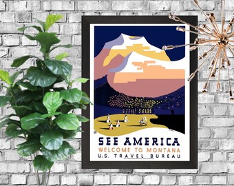 Welcome to Montana - See America Poster -  A3 Downloadable Art Print - Retro American Parks Poster Print