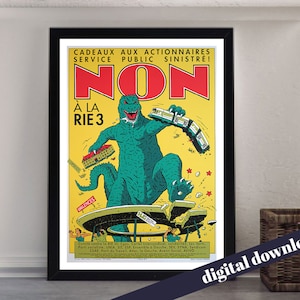 GODZILLA Non French Action Public Service Poster - A3 Downloadable Art Print - Vintage, Retro, Gojira, Kaiju