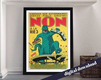 GODZILLA Non French Action Public Service Poster - A3 Downloadable Art Print - Vintage, Retro, Gojira, Kaiju