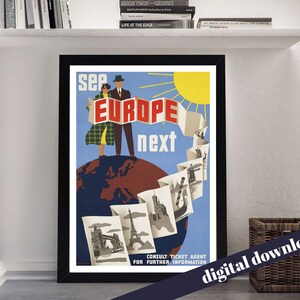 See Europe Next! Mid Century Travel Poster - Digital Printable Download - Mid-Century, Retro, Vintage, Europe, England