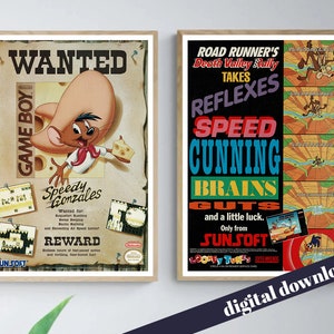 Puede incluir: Dos carteles de estilo vintage para el videojuego de Game Boy Road Runner's Death Valley Rally. El cartel de la izquierda presenta a Speedy Gonzales, un ratón de dibujos animados, en un estilo de cartel de se busca. El cartel de la derecha presenta a Road Runner, un pájaro de dibujos animados, en una serie de poses de acción. Ambos carteles presentan el texto "SUNSOFT" y el logotipo de Game Boy.