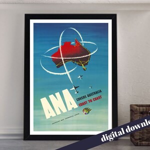ANA Australian National Airline Vintage Travel Poster  - Digital Printable A3 Download - Retro, Vintage, Flight