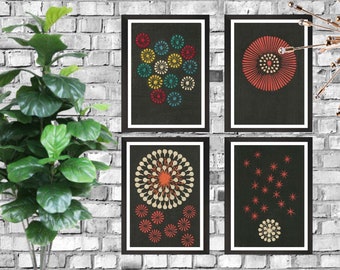 Set of 4 Jinta Hirayama's Illustrated Fireworks 1800's - Printable Artwork - Fireworks, Japan, Patterns, Silkscreen Texture