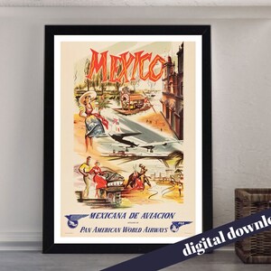 MEXICO Pan American World Airways Vintage Travel Poster - Digital Download - Vintage Travel, Retro, Airline, America, PanAm