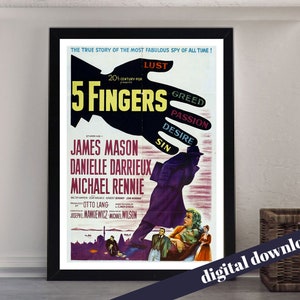 5 FINGERS Vintage Noir Film Poster James Mason - Digital Printable A3 Download - Retro, Vintage, Cinema, Movies, Detective, Spy