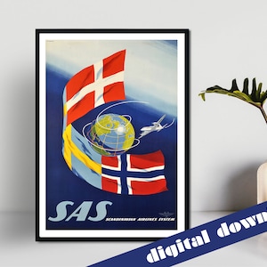 SAS skandinavisches Flugliniensystem Vintages Reise-Plakat - digitaler Download - Vintage Reise, Retro, Europa