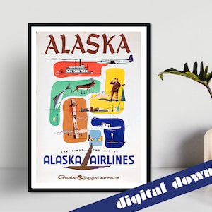 ALASKA Alaskan Airlines Golden Nugget Service Vintage Reise Poster - Digital druckbare A3 Download - Retro, Reise, Amerika