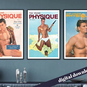 Conjunto de 3 carteles de la revista Young Physique Vintage Physique Muscle - Descarga digital imprimible - Vintage LGBT, Gay, Culturista, Retro