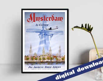 Amsterdam by Clipper Pan American Airlines Vintage Travel Poster- Digital Printable A3 Download - Retro, Vintage, Flight, Pan Am