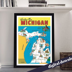 Greetings from Michigan! Mid Century Travel Poster - Digital Printable Download - Mid-Century, Retro, Vintage, America