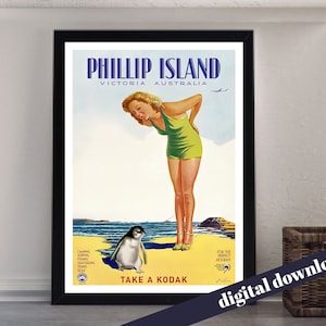 Vintage PHILLIP ISLAND Victoria Kodak Travel Poster - Digital Printable A3 Download - Retro, Airline, Australia, Commonwealth