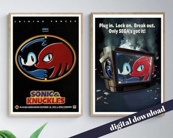 Pair 90s Sonic & Knuckles SEGA Video Game Advert Poster - Digital Download - Retro, Video Games, PC, Console, Arcade