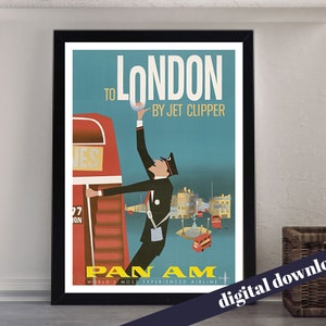To LONDON by Jet Clipper Pan American World Airways Vintage Poster - Digital Download - Vintage Travel, Retro, Airline, America, PanAm