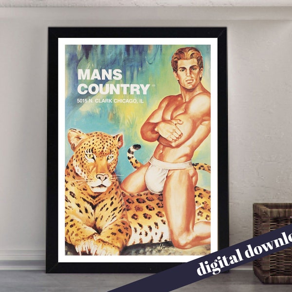 MANS COUNTRY Chicago Vintage Gay Nightclub Poster - Digital Printable A3 Download - Muscle, LGBT, Gay, Retro, Queer
