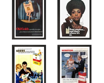 Set van 4 vintage sigarettenadvertenties - afdrukbare download - vintage illustratie, reclame, sigaretten, roken, tabak