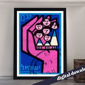 Israel Sello Israelí Diseño Familia Hebreo - Descarga Digital Imprimible A3 - Retro, Vintage, Mid-C, Franqueo, Filatélico, Sellos, Postal