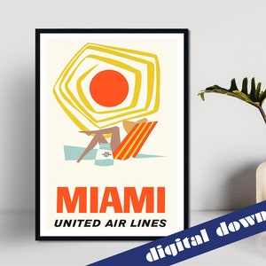 MIAMI United Airlines Vintage Travel Poster - Digital Printable A3 Download - Retro, Travel, America