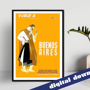 BUENOS AIRES Iberia Airways Vintage Travel Poster - Digital Printable A3 Download - Retro, Travel, South America