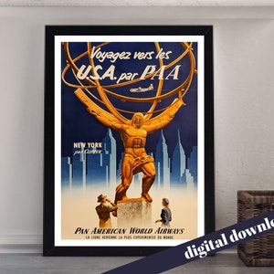 NEW YORK by CLIPPER Pan Am American Airways Poster - Printable Download - Printable Art - Vintage Travel, Retro, America, Airline