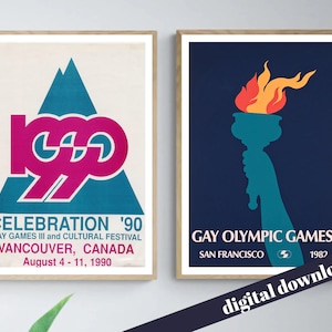 Pair Vintage Gay Games Posters Vancouver & San Francisco - Digital Printable A3 Download - Muscle, LGBT, Gay, Retro, Queer