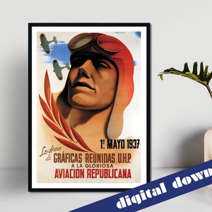 Los Obreros de Graficas Reunidas UHP A La Gloriosa Aviacion Republicana Vintage Poster - Digital Download - Vintage Travel, Retro, Airline