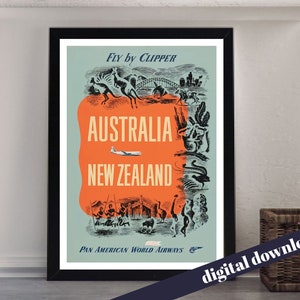 AUSTRALIA & NEW ZEALAND Fly by Clipper Pan American World Airways Vintage Poster - Digital Download - Travel, Retro, Airline, PanAm
