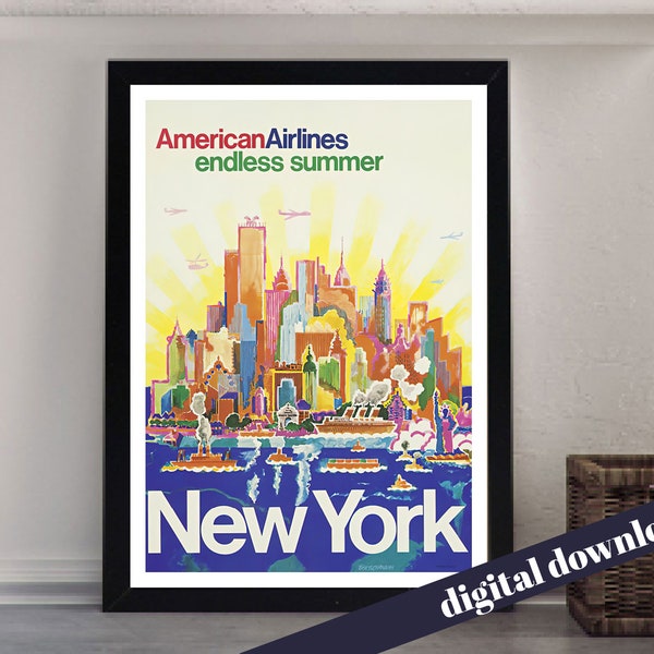 NEW YORK Vintage American Airlines Poster - Printable Download - Printable Art - Vintage Travel, Retro, America, Airline