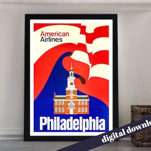AMERICAN AIRLINES Philadelphia Vintage Travel Poster  - Digital Printable A3 Download - Retro, Vintage, Flight