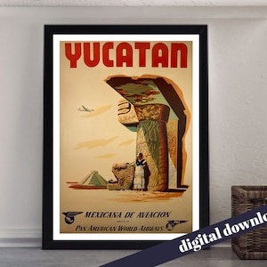 YUCATAN Mexico Pan American World Airways Vintage Travel Poster - Digital Download - Vintage Travel, Retro, Airline, America
