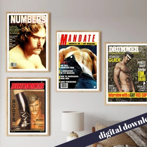 Könnte beinhalten: Drei Vintage-Magazincover mit Themen aus Mode und Lifestyle für Männer. Die Titel lauten "Numbers", "Mandate" und "Drummer".