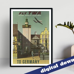Fly TWA to GERMANY Vintage Travel Poster - Digital Printable A3 Download - Retro, Vintage, Travel, German, TWA, Airline, Golden Age