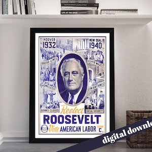 Reelect Roosevelt Vote American Labor Vintage Politics Poster - Digital Printable A3 Download - Retro, Vintage, Americana, 1940, New Deal