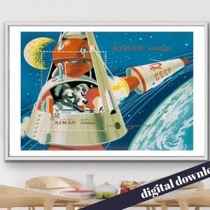 Ajman UAE Laika Sputnik 2 Sello conmemorativo soviético - Descarga digital imprimible A3 - Mediados de siglo, Franqueo, Filatélico, Sellos, Postal