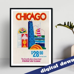 CHICAGO United Airlines Vintage Travel Poster - Digital Printable A3 Download - Retro, Travel, America