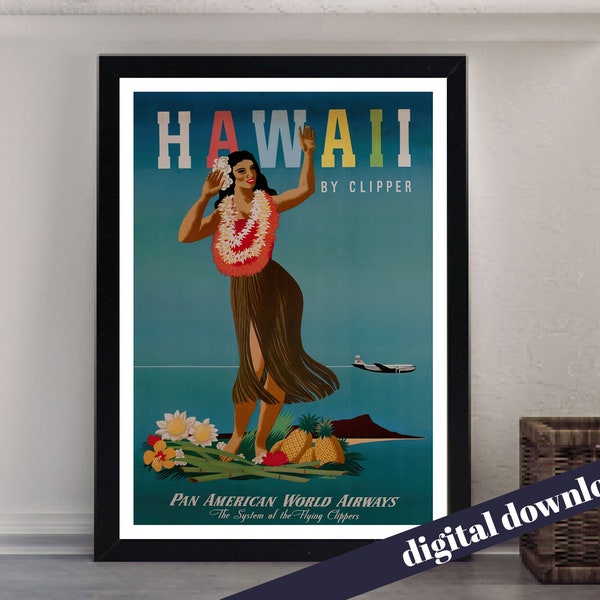 HAWAII by Clipper Pan Am Pan American World Airways Vintage Poster - Digital Download - Vintage Travel, Retro, Airline, America