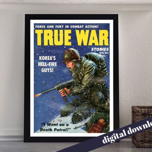 TRUE WAR Vintage Mens Magazine Stories Korean War Americana Poster - Digital Printable A3 Download - Retro, Vintage, Mid-Century, Mid-C