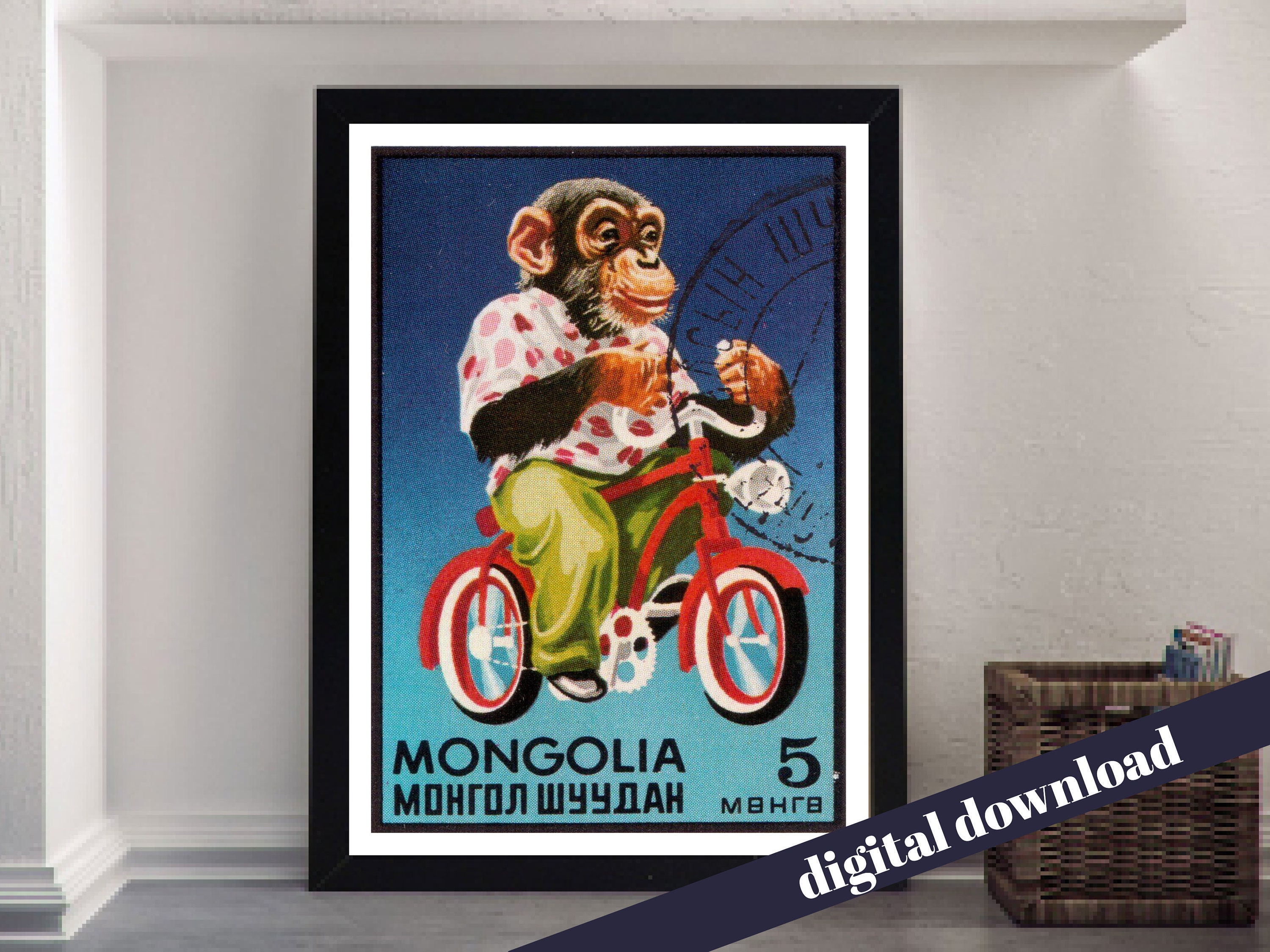Mongolian Stamp Art Monkey Riding Bike Mongolia - Digital