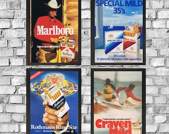 Set of 4 Vintage Cigarette Adverts - Printable Download - Cigar, Americana, 1980s, 1950s, Marlboro, Retro