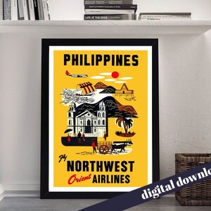 Vintage North West Airlines Philippines Travel Poster - Digital Printable Download - Mid-Century, Retro, Vintage