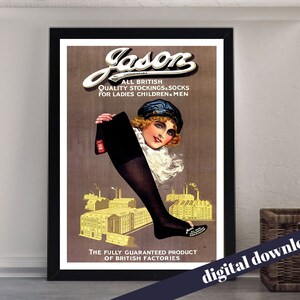 JASON Unshrinkable All British Stockings Retro Ad Poster -  A3 Downloadable Art Print - Vintage Poster Print - Clothing, Womens