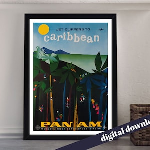 CARIBBEAN Pan Am Pan American World Airways Vintage Poster - Download digital - Viagem vintage, Retro, Companhia aérea, América