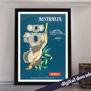 AUSTRALIA by QANTAs Koala Vintage Poster - Digital Printable A3 Download - Retro, Airline, Australia, British, Commonwealth, TEAL, BOAC