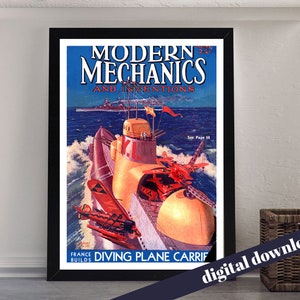 MODERN MECHANICS Vintage Retro Futurism Cover - Digital Printable A3 Download - Retro, Vintage, 1930s, Technology, Plane Carrier
