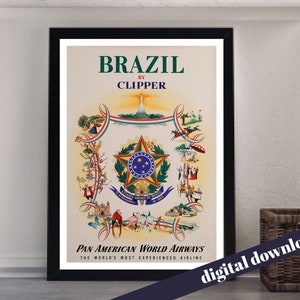 BRAZIL by Clipper Pan American World Airways Vintage Poster - Digital Download - Vintage Travel, Retro, Airline, America, PanAm