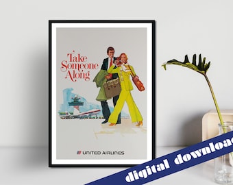 Lleve a alguien a lo largo de United Air Lines Vintage Travel Poster - Descarga digital imprimible A3 - Retro, Viajes, América