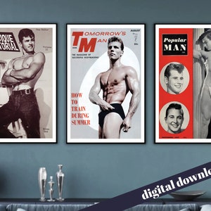 Set of 3 Vintage Physique Muscle Magazine Posters  - Digital Printable Download -  Vintage LGBT, Gay, Bodybuilder, Retro