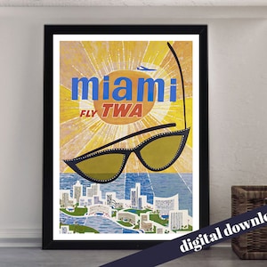 MIAMI Fly TWA Airlines Vintage Mid-Century Poster - Printable Download - Printable Art - Vintage Travel, Retro, Airline, America