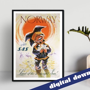 NORWAY Via SAS Scandinavian Airlines System Vintage Travel Poster - Digital Download - Vintage Travel, Retro, Europe