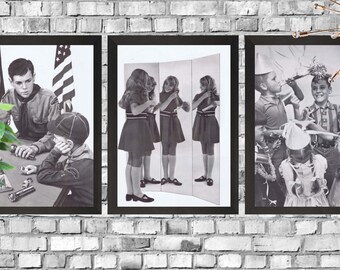 Triptych 50s Americana Children Photographs - Printable Download - Childrens Room, Americana, Kids, America, 1950s, Mid-Century