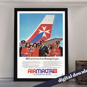 AIR MALTA Vintage Airline Advert Poster Print - Printable Download - Airport, Europe, Airline, Airplane, Pilot, Retro